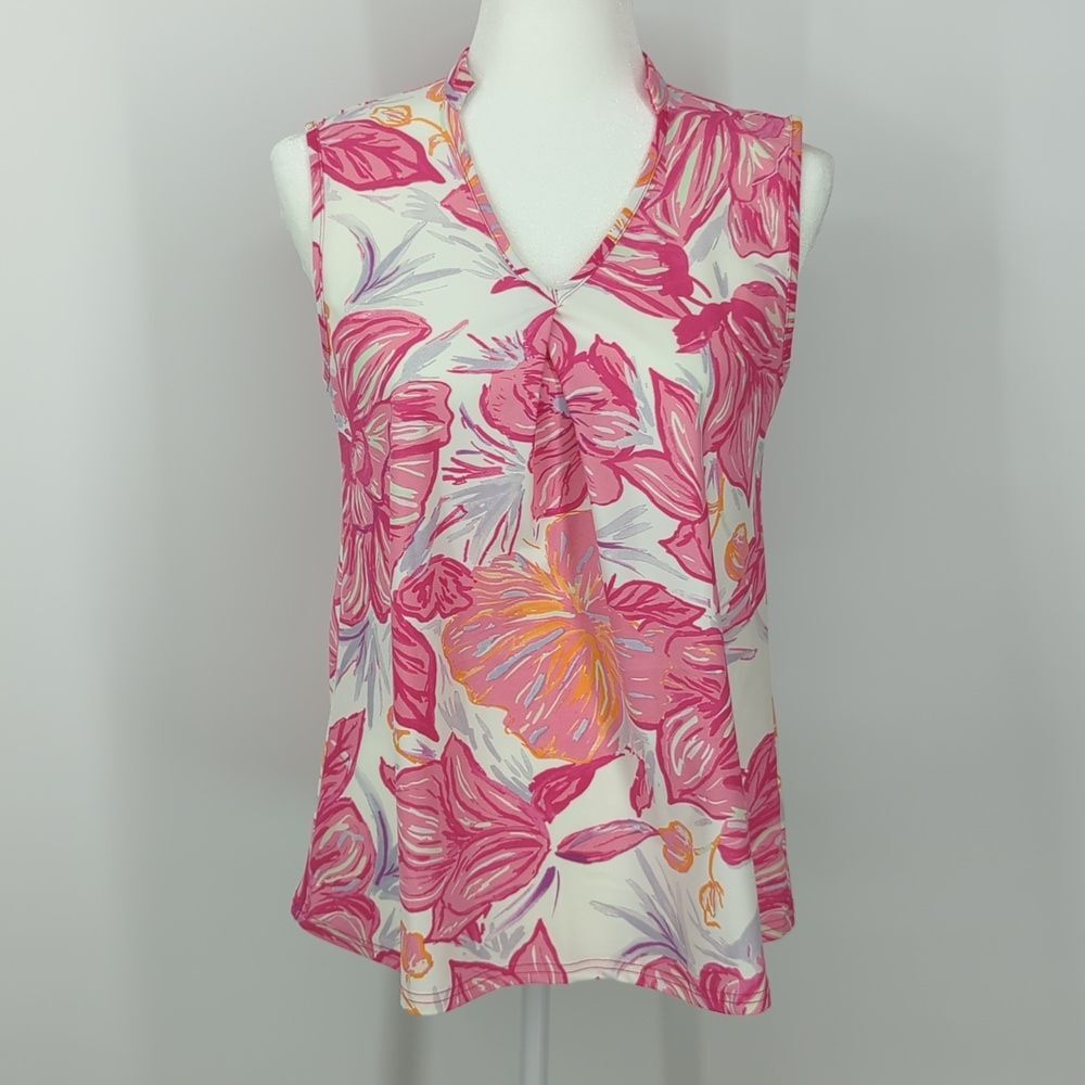 Aryeh Pink White Orange Floral Hawaiian Sleeveless V-Neck Blouse Small